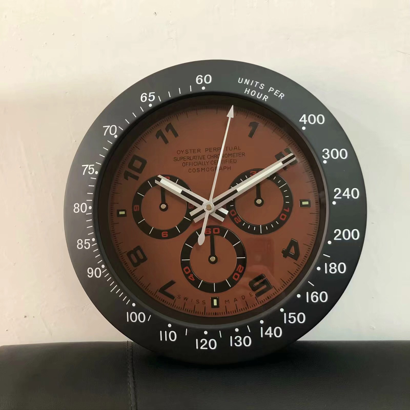 Battery Wall Clock Brown Face Black Case - Click Image to Close